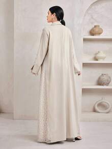 Veilorie 女士翻领长袖撞色蕾丝阿拉伯长袍开衫 - 杏色 - 查看 5