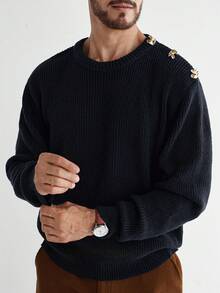 Manfinity CityGents Men's Casual Loose Fit Pullover Sweater With Metal Decor On Shoulders, Autumn