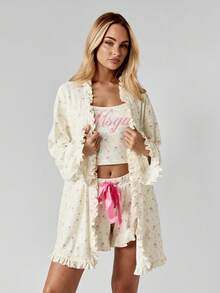 MISSGUIDED Luxury Floral Print Robe Satin Bridal Morning Wedding Robe Ruffle Trim Short Lounge Robe Bridal Dressing Gown With Sash Women's Honeymoon Gift - Multicolor - View 7