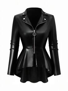 Rometta Plus Size Women Lapel Zip Front Asymmetric Hem Faux Leather Jacket Winter Fall Autumn - Black - View 1