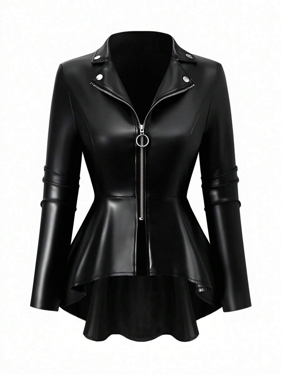 Rometta Plus Size Women Lapel Zip Front Asymmetric Hem Faux Leather Jacket Winter Fall Autumn - Black - View 1