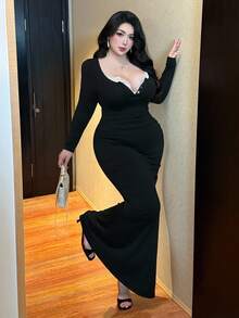 Vibekara Vestido de encaje de contraste talla grande, vestido informal y cómodo sin mangas para ir al trabajo y uso al aire libre - Negro - Ver 4