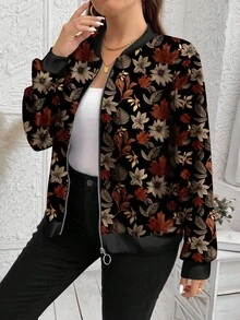 EMERY ROSE 休闲复古枫叶印花加大码女式夹克，适合秋冬季女士花卉夹克女士飞行员夹克秋季飞行员夹克花卉飞行员夹克女士秋季夹克 - 彩色 - 查看 8