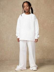 SHEIN Explorewe 2pcs/Set Tween Girls Textured Knit Intarsia Solid Diamond Pattern Loose Fit Crew Neck Oversized Sweatshirt, Versatile For Casual Wear, Back To School, Outing, Home, Hip-Hop, Music Festival, Warm Spring/Autumn,ChicAutumn,Halloween, Christmas - White - View 2