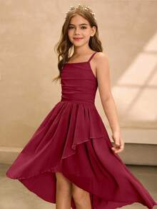 Vestido Midi Elegante e Luxuoso de Alça Fina e Ombro Caído Rosa para Meninas Pré-Adolescentes, Adequado para Festa, Banquete, Evento da Noite, Aniversário, Apresentação, Casamento, Dama de Honra, Baile de Formatura, Férias - Vinho - Visão 3