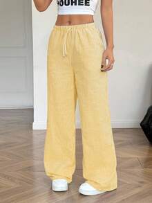 SHEIN 少女蓝白条纹宽松休闲抽绳阔腿裤 - 黃色 - 查看 6