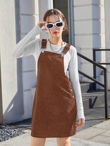 SHEIN 少女纯色灯芯绒口袋休闲吊带连衣裙女童工装裤灯芯绒工装裤棕色背带裙棕色工装裤女童休闲连衣裙工装裤女童秋冬 - 棕色 - 查看 5