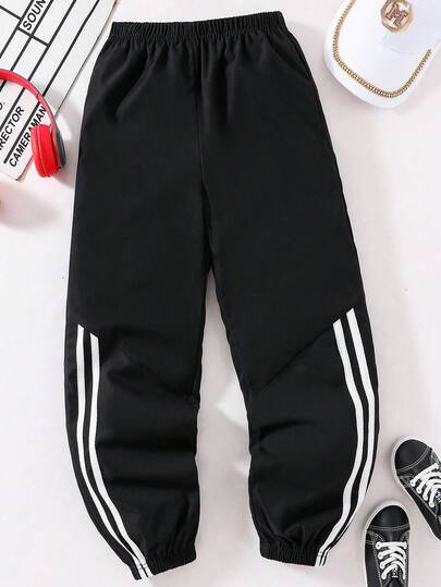 SHEIN Tween Boys' All-Match Versatile Side Asymmetrical Striped Print Pants