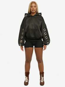 SUMWON WOMEN Oversized Hoodie With Metal Eyelet Grommets Casual Pullover Sweatshirt - Black - View 4
