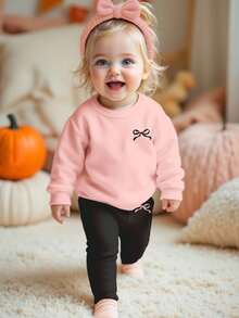 SHEIN Happikins 2pcs Baby Girl Casual Cute Minimalist Bow Decor Thick Soft Long Sleeve Crew Neck Sweatshirt And Pants Set, Suitable For Autumn & Winter Fall Clothes