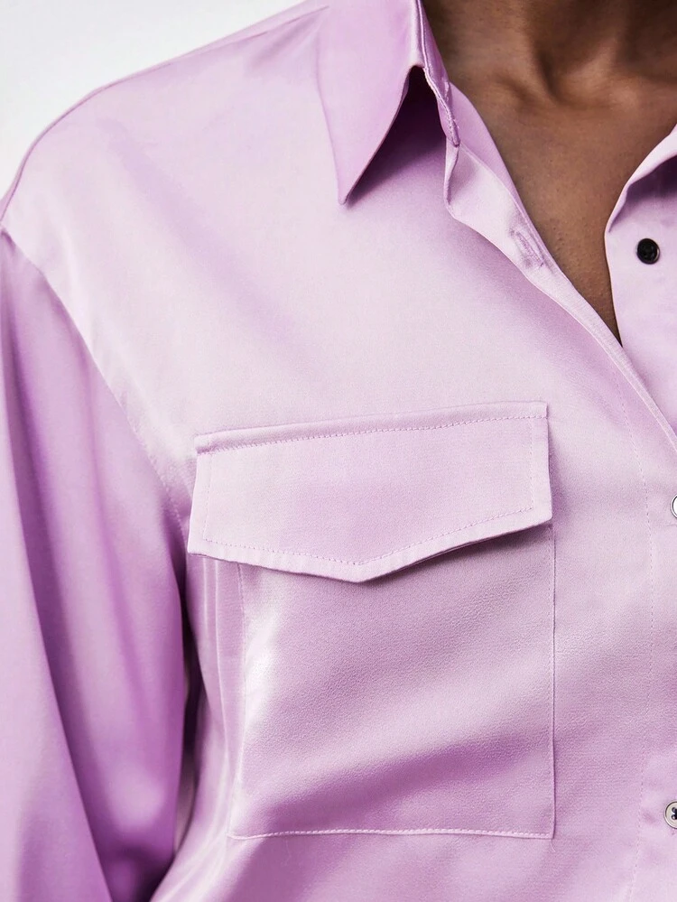 SHEIN Maija Women's Casual Solid Color Button Pocket Long Sleeve Shirt Beach For Women Stylish Women's Blouses Sequin Shirt Stylish Collection Blouse