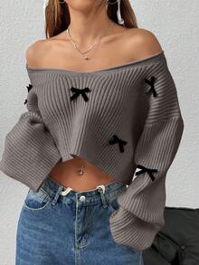 EURMUSE Women's Autumn Dropped Shoulder Long Sleeve V-Neck Loose Casual 3D Bow Knitted Sweater - Mocha Brown - View 6