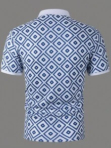 Manfinity Homme Men Vacation Geo Print Quarter Zip Collar Polo Shirt, For Husband - Blue and White - View 2