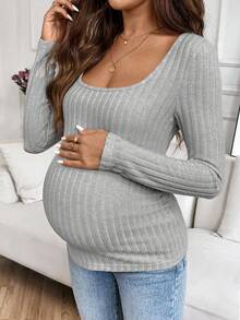 SHEIN Maternity Solid Color Minimalist Long Sleeve T-Shirt, Everyday Wear Fall - Light Grey - View 7