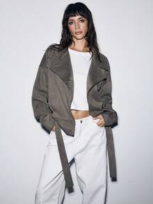 Lumivelle 女士秋冬休闲宽松下摆抽绳腰部仿麂皮连帽短款风衣 - 灰色 - 查看 4