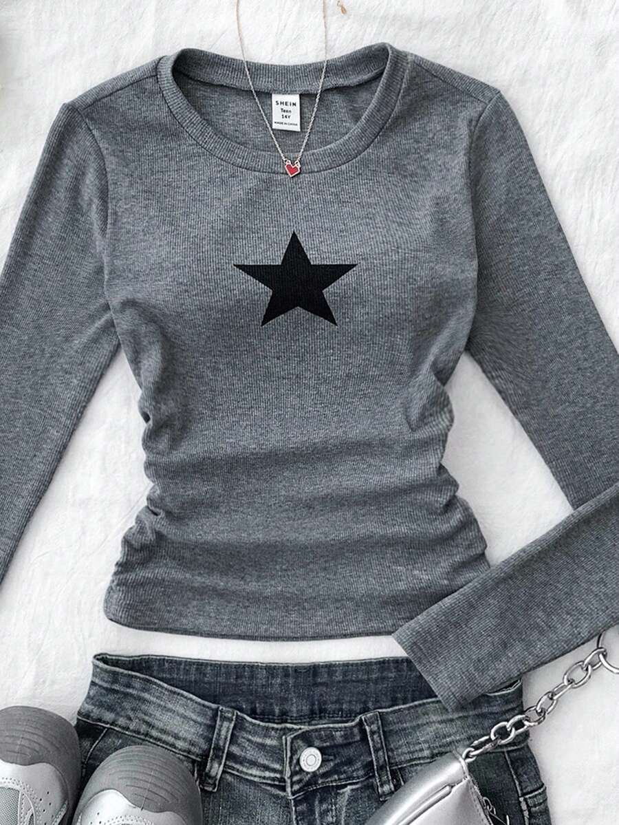 Camiseta de tirantes plisada con estampado de estrellas de unicolor para adolescentes, adecuada para uso casual en invierno - Gris Oscuro - Ver 1