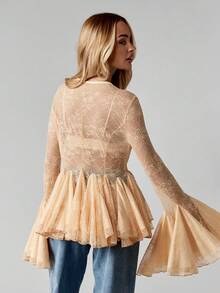 MISSGUIDED Long Sleeve Lace Peplum Blouse With Bell Sleeves And Sheer Overlay For Special Occasions - Apricot - View 2
