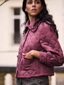 lacRébo Spring Summer Dusty Pink Quilted Jacket With Ruffled Collar And Button Front Winter Women Clothes Spring Summer Purple Jacket Women Jackets - Purple - View 5