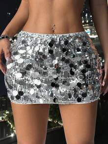 SHEIN PETITE Women's Silver Shiny Sequin Mini Skirt, Suitable For Party & Gathering, High Quality Version For Petite , Bling , Sequin,Skirt,Wedding Guest For Women,Going Out, Halloween Costumes,Christmas Women,Autumn For Women.Going Out,Sexy Sparkle Skirt,Elegant,Civil Wedding,Wedding Guest , Party,Vacation, Sexy - Silver - View 9