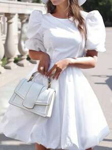 INAWLY 女士简约纯色优雅羊腿袖迷你连衣裙 - 白色 - 查看 3