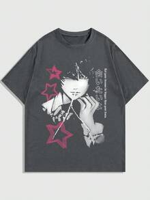 ROMWE MEN Men's Cartoon Anime Character & Slogan Print Round Neck Short Sleeve Casual T-Shirt - Dark Grey - View 1