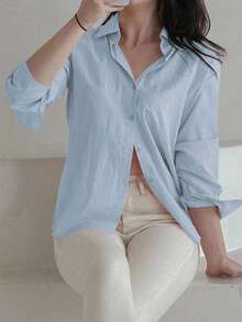 DAZY Áo sơ mi trơn tay dài màu xanh, cài nút đơn giản, dáng rộng, màu trơn dành cho nữ, mùa thu - Màu xanh lam - Xem 5
