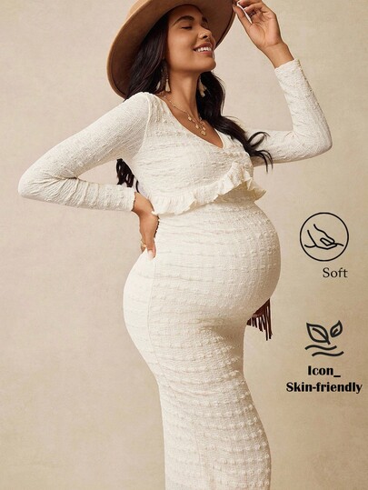 Boho Mama Elegant Maternity White Dress For Photoshoot,Autumn Pregnant Women V-Neck Ruffle Trim Fitted Knit Boho Clothing,Baby Shower Wedding Guest Dress Fall