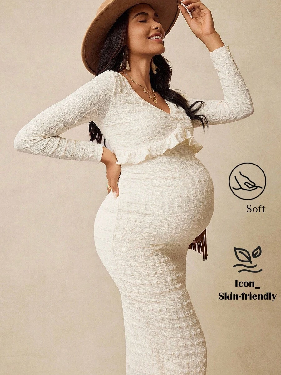 Boho Mama Váy dệt kim ôm dáng cổ chữ V màu trơn cho bà bầu - Màu be - Xem 1