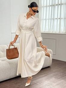 SHEIN Tall 女士米色休闲长腰收腰衬衫裙，优雅百搭，适合聚会、日常穿着和通勤 - 米色 - 查看 7