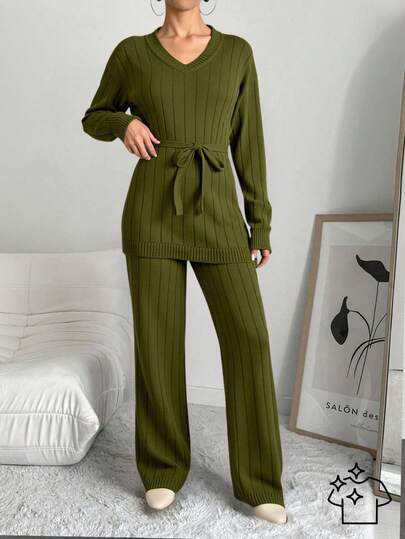EURMUSE Pulover și pantaloni lungi și casual cu curea pentru femei, din două piese, purtare zilnică, decolteu în V, toamnă, iarnă