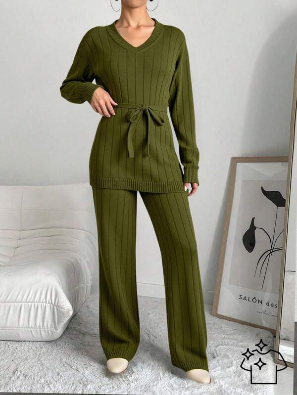 EURMUSE Pulover și pantaloni lungi și casual cu curea pentru femei, din două piese, purtare zilnică, decolteu în V, toamnă, iarnă