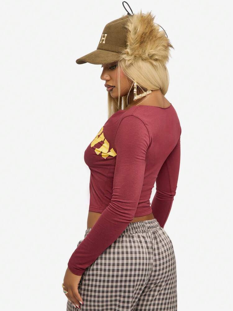 SUMWON WOMEN Long Sleeve Printed Scoop Neck Top