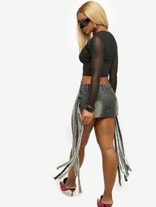 SUMWON WOMEN Cotton Rhinestone Studded Denim Mini Skirt With Tassel Fringe Details For Festival Party Club - Black - View 8