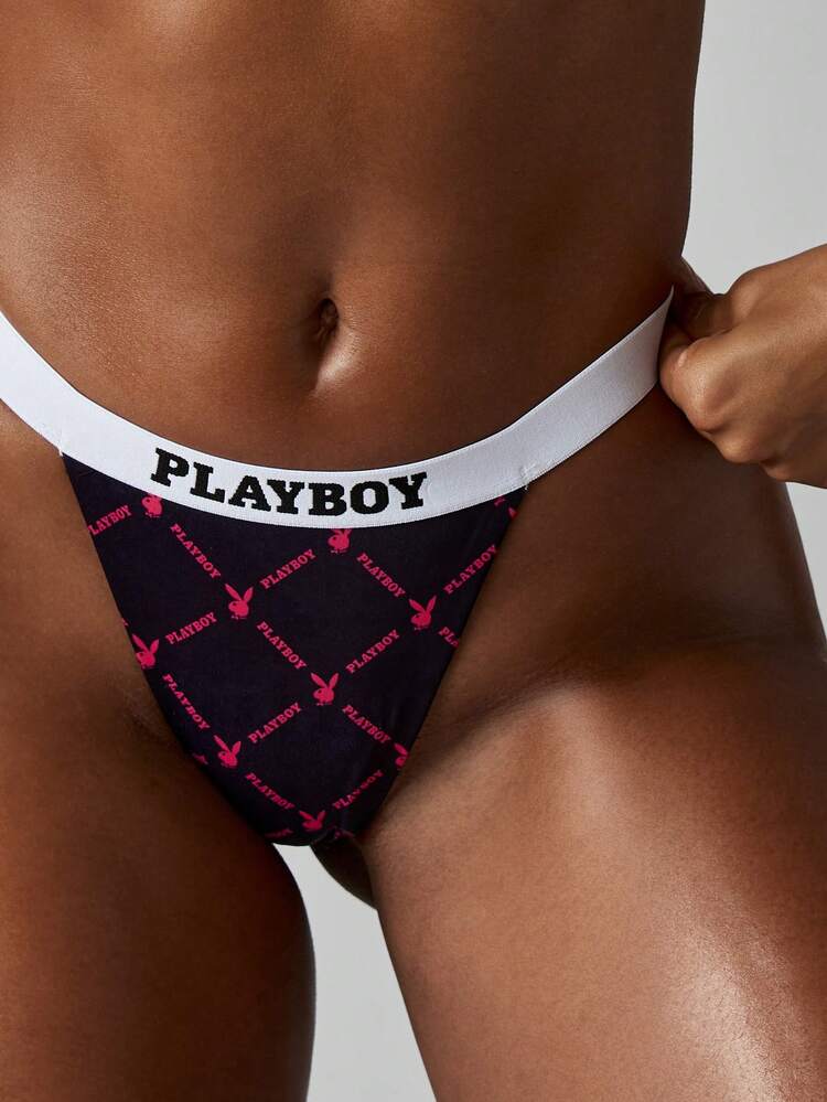 Missguided x Playboy Women Contrast Trim Triangle Bralette And Matching High Cut Thong Set With Printed Logo Pattern Soft Comfort Elastic Band Stylish Underwear Set