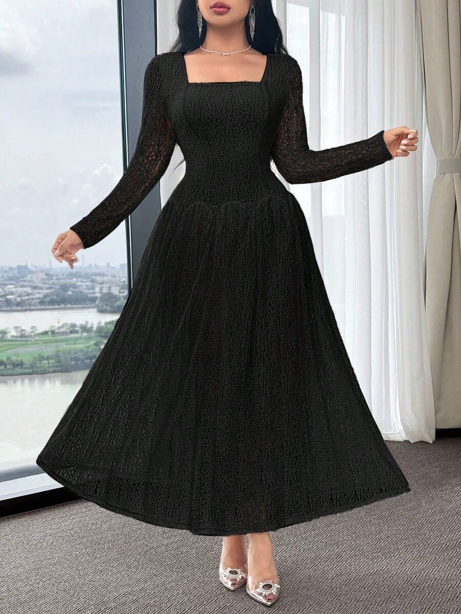 Feyla Đầm dài tay cổ vuông phối ren tương phản thanh lịch dành cho nữ - màu đen - Xem 1