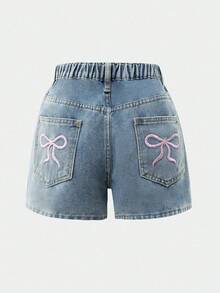 Denim Shorts für Teenager Mädchen, lässig, niedlich, mit Schleifenstickerei - Mittele Waschung - Übersicht 6