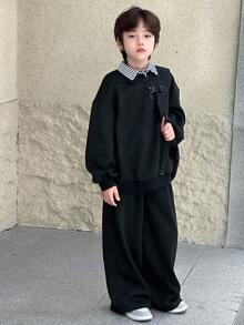 DAZY 男童休闲条纹领宽松抓绒卫衣套装，秋季 - 黑色 - 查看 1