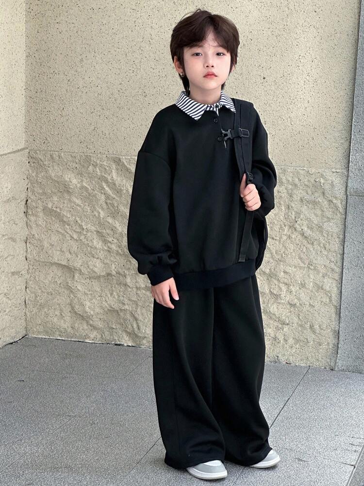 Tween Boys' Casual Striped Collar Loose Fit Fleece Sweatshirt Set, Autumn