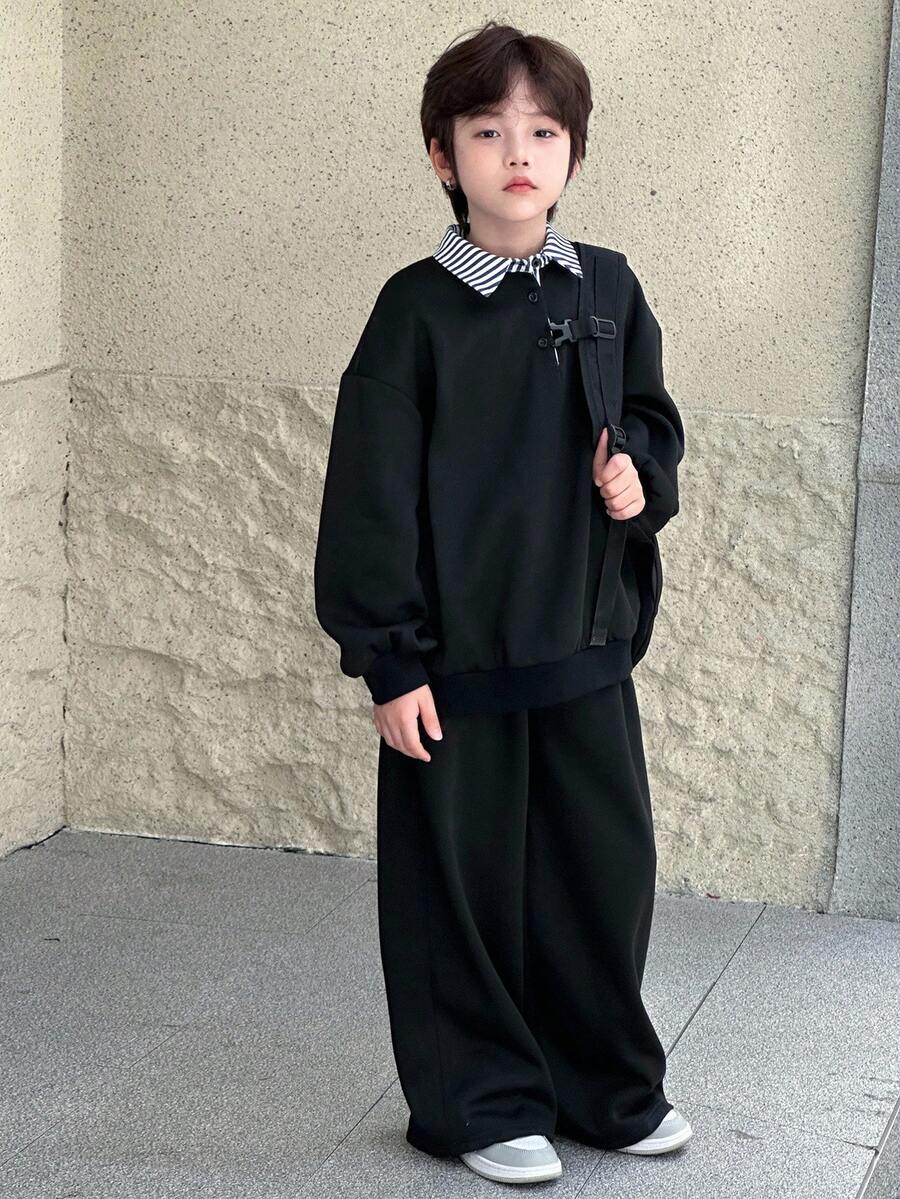 DAZY 男童休闲条纹领宽松抓绒卫衣套装，秋季 - 黑色 - 查看 1