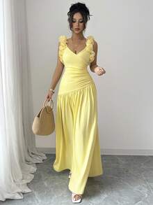 Elenzga Váy họa tiết hoa thanh lịch cổ chữ V thắt eo nhún vai cho nữ, màu vàng kem, thích hợp cho các buổi hẹn hò, lễ hội âm nhạc, tụ họp và nhiều dịp khác, mùa hè - Vàng nhạt - Xem 6