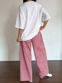DAZY Letter Graphic Print Decor Loose T-Shirt Top And Checkered Straight Leg Pants Homewear Set Pajama - White - View 2