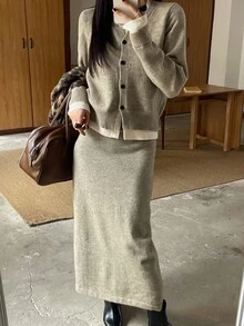 DAZY 女士休闲撞色拼布开衫和裙子两件套，秋季 - 駝色 - 查看 3