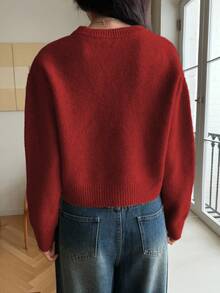 DAZY Women's Solid Color Crew Neck Sweater, New Autumn Collection - Burgundy - View 2