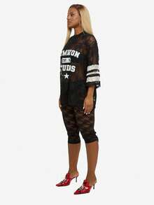 SUMWON WOMEN 超大号蕾丝运动衫，带透明网眼面板和条纹细节 - 黑色 - 查看 6