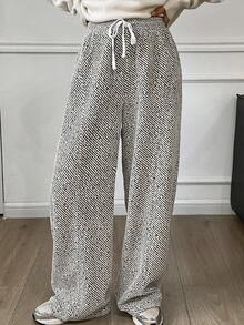 Livesso 女士宽松商务休闲格纹条纹直筒裤，适合通勤，秋冬