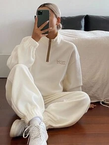 Livesso 女士刺绣长袖宽松上衣和休闲裤两件套秋冬运动服套装，女士家居服套装 - 卡其色 - 查看 6