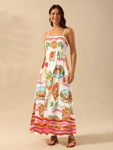 CAJUNI 女式波西米亚风热带印花度假休闲长吊带连衣裙，夏季 - 彩色 - 查看 5