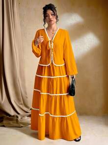 SHEIN Tall 加大码女式编织纹理长袖开衫，系带设计，撞色荷叶边下摆设计，松紧腰长裙，法式优雅浪漫两件套 - 亮橙色 - 查看 4