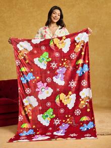 SHEIN X Care Bears 1 pieza Manta de franela con estampado de oso de peluche rojo y arcoíris, para uso en cama/sofá, suave y cálida, lavable a máquina, múltiples tamaños