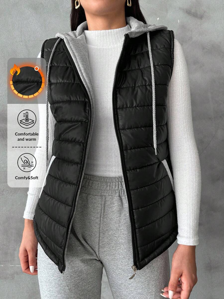 EURMUSE Zip Up Drawstring Hooded Vest Padded Coat - Black - View 1